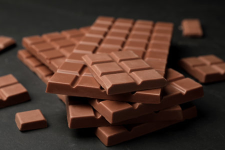 Pieces of tasty chocolate on gray table, closeup