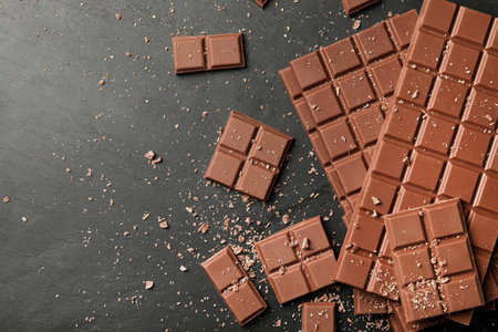 Pieces of tasty chocolate bars on gray table, flat lay. Space for textの写真素材