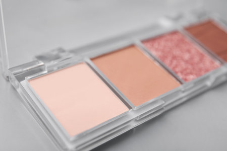 Beautiful eyeshadow palette on light gray background, closeup. professional cosmetic productの写真素材