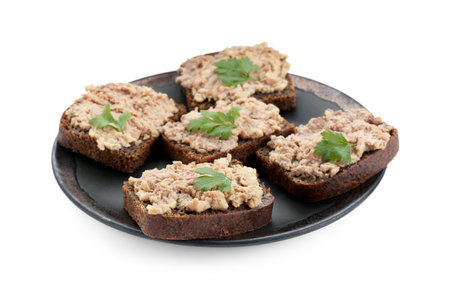 Tasty sandwiches with code liver and parsley isolated on white