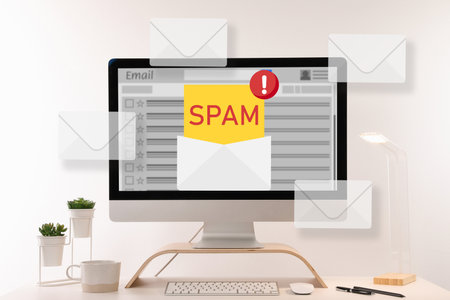Spam warning message in email software. Envelope illustrations popping out of computer display on office deskの写真素材