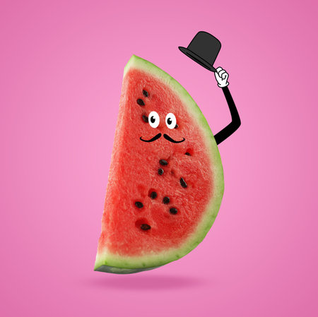 Creative artwork. Aristocratic watermelon tipping hat as way of greeting. Slice of fruit with drawings on pink backgroundの写真素材