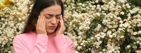 Woman suffering from seasonal pollen allergy near blossoming tree on spring day. Banner design with...