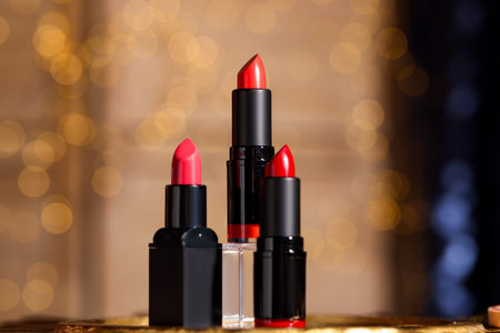 Beautiful red and pink lipsticks against blurred lightsの写真素材