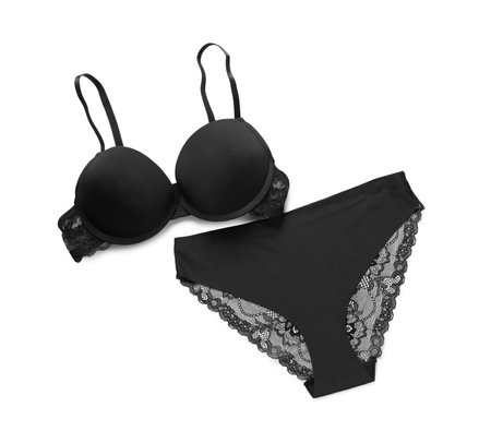 Elegant black women's underwear on white background, top viewの写真素材