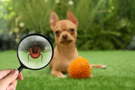Cute dog outdoors and woman showing tick with magnifying glass, selective focus. Illustrationの写真素材