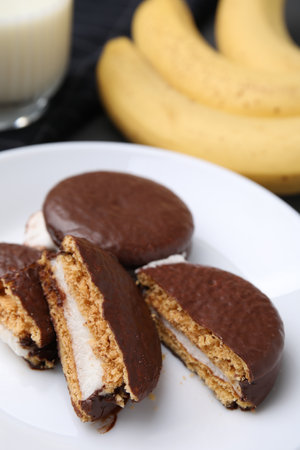 Tasty sweet choco pies on white plate, closeupの写真素材