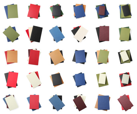 Set of different stacked books isolated on white, top viewの写真素材
