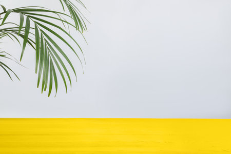 Empty yellow wooden surface on white background. Space for textの写真素材