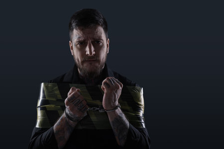 Man taped up and taken hostage on dark background. Space for textの写真素材