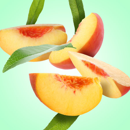 Cut juicy fresh peach with green leaves falling on light turquoise backgroundの写真素材