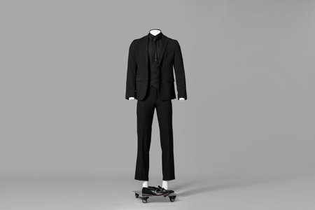 Male mannequin dressed in stylish black suit on gray backgroundの写真素材