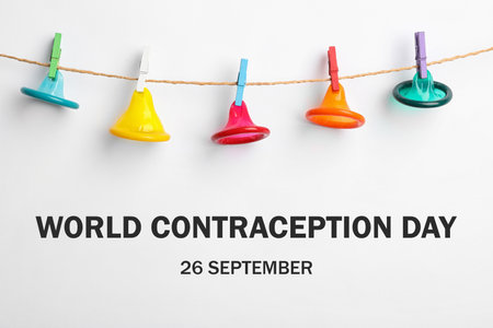 World contraception day. Colorful condoms hanging on clothesline on white backgroundの写真素材