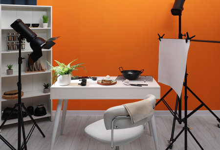 Professional equipment and composition with delicious meat medallion on white table in studio. Food photographyの写真素材