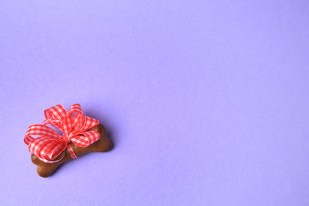 Bone shaped dog cookie with red bow on purple background, above view. Space for textの写真素材