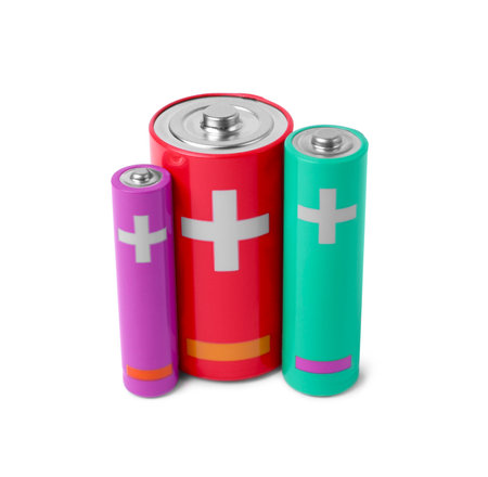 Three different new batteries isolated on whiteの写真素材
