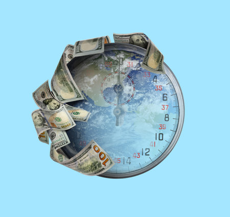 Speed of money transaction. Double exposure of planet and stopwatch with dollar banknotes on light...