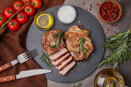 Pieces of delicious fried meat with rosemary served on brown table, flat layの写真素材