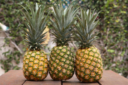 Delicious ripe pineapples on wooden table outdoorsの写真素材