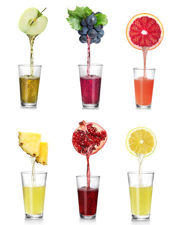 Collage of different freshly squeezed juices pouring from fruits into glasses on white backgroundの写真素材