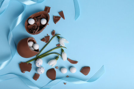 Flat lay composition with tasty broken chocolate eggs and beautiful decor on light blue background. Space for textの写真素材