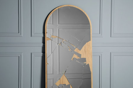 Broken mirror with many cracks near gray wall