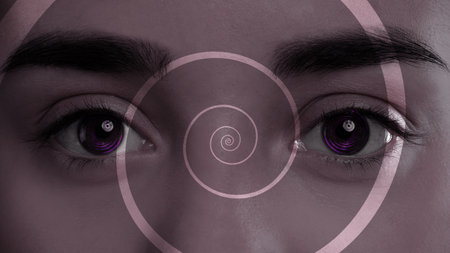 Hypnosis and therapy. Swirl over young woman's face, closeup. Collage design