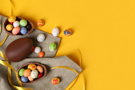Whole and halves of chocolate eggs with colorful candies on yellow background, flat lay. Space for textの写真素材