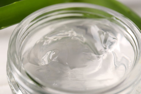 Jar of natural aloe gel, closeup viewの写真素材