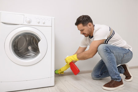 Man in rubber gloves cleaning wall with sprayer and brush indoorsの写真素材