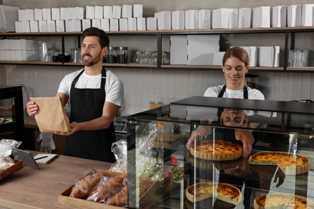 Two happy sellers working in bakery shopの写真素材