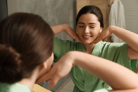 Young woman massaging her face near mirror in bathroomの写真素材