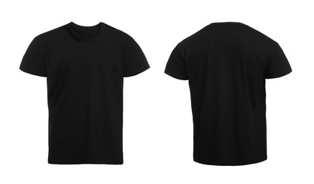 Stylish black t-shirt on white background, front and back views. Space for designの写真素材