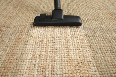 Hoovering carpet with vacuum cleaner, closeup and space for text. Clean trace on dirty surfaceの写真素材