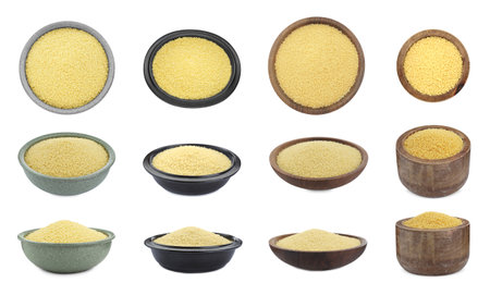 Collage with raw couscous in different bowls on white background, top and side viewsの写真素材