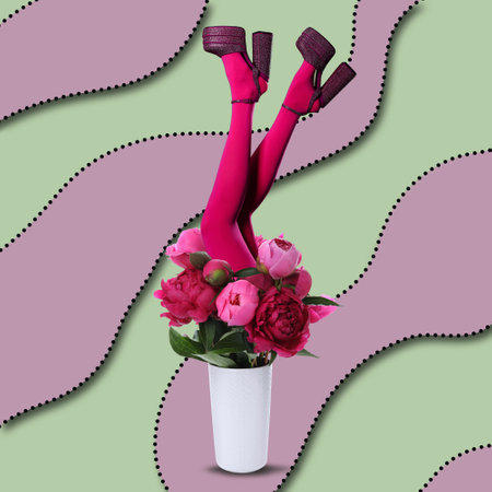 Creative art collage about femininity, style and fashion. Woman sticking out of vase with beautiful peonies on bright backgroundの写真素材