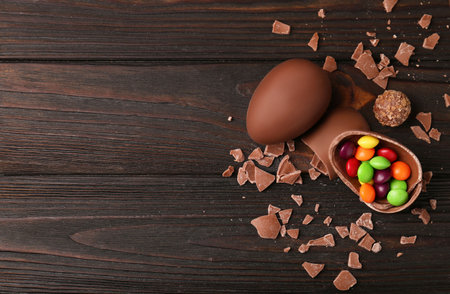 Broken and whole chocolate eggs with sweets on wooden table, flat lay. Space for textの写真素材