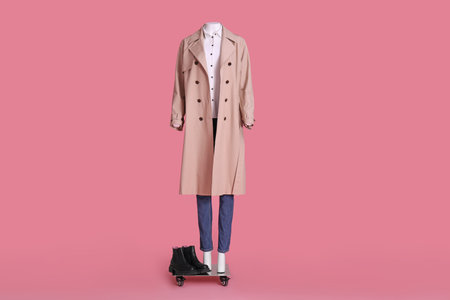 Female mannequin with boots dressed in stretch coat, jeans and shirt on pink background. Stylish outfitの写真素材