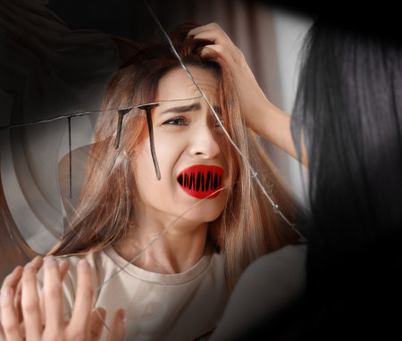 Suffering from hallucinations. Woman seeing herself in broken mirror with bloody lips