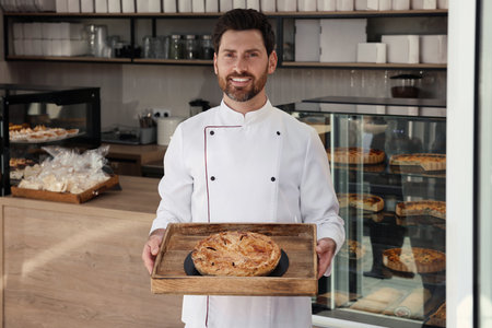 Professional baker with freshly baked pastry in storeの写真素材