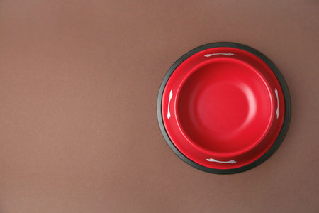 Empty red feeding bowl on brown background, top view. Space for textの写真素材
