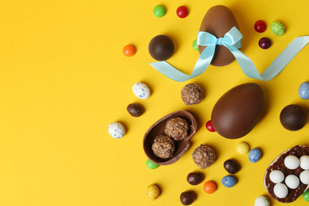 Tasty chocolate eggs and candies on yellow background, flat lay. Space for textの写真素材