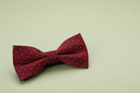 Stylish burgundy bow tie with polka dot pattern on pale green background, space for text