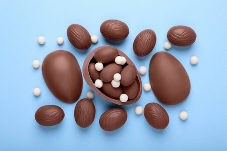 Delicious chocolate eggs and candies on light blue background, flat layの写真素材