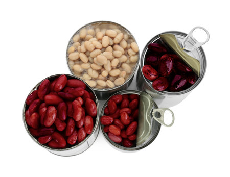 Tin cans with different kidney beans on white background, top viewの写真素材