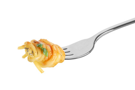 Fork with tasty pasta isolated on whiteの写真素材