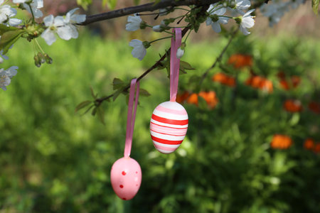 Beautifully painted Easter eggs hanging on blooming tree outdoors, closeup