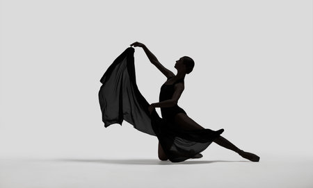 Beautiful ballerina with veil dancing on light background. Dark silhouette of dancerの写真素材