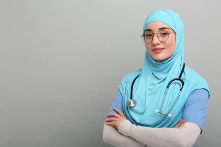 Muslim woman wearing hijab and medical uniform with stethoscope on light gray background, space for textの写真素材