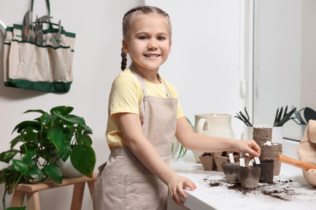 Little girl inserting cards with names of vegetable seeds into peat pots on window sill indoorsの写真素材